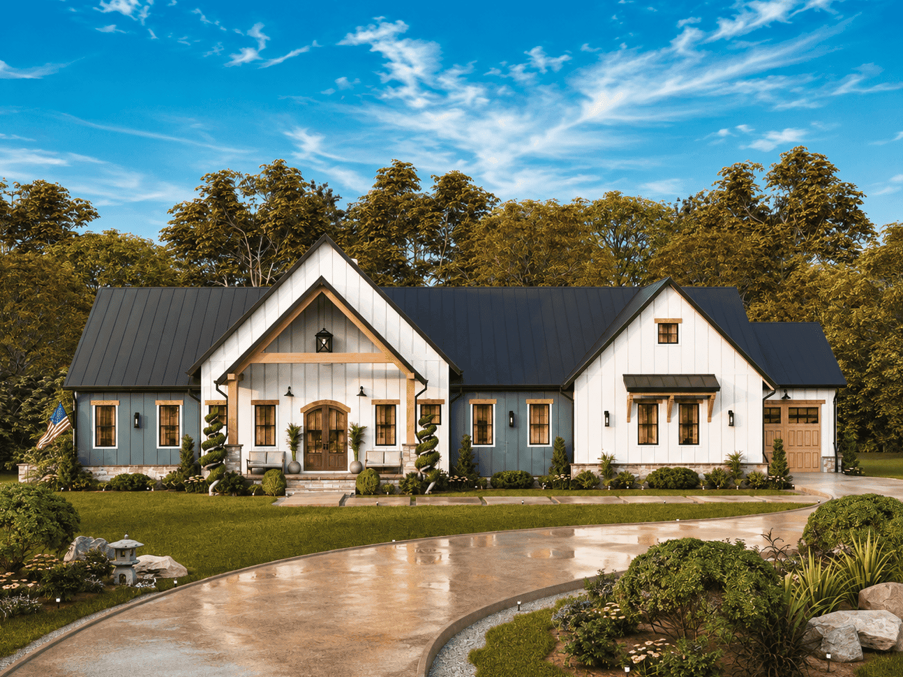 Modern Farmhouse elevation with steep metal roof, board-and-batten siding, covered porch, and large windows - Plan #198-1280