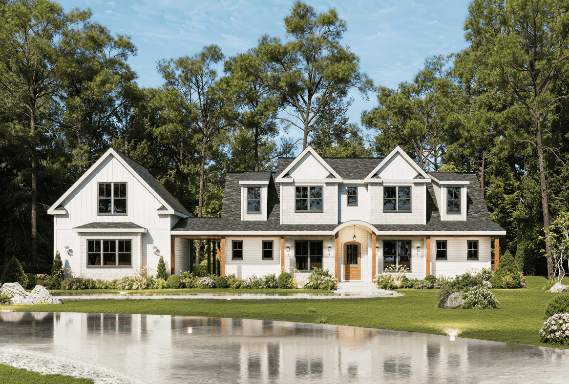 Two-story modern farmhouse with wraparound porch, metal roof, and board-and-batten siding - Plan #198-1283