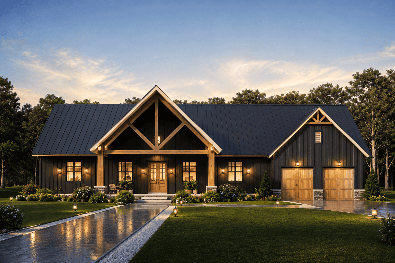 Modern Farmhouse exterior with board and batten siding, metal gable roof, and covered front porch - Plan #198-1285