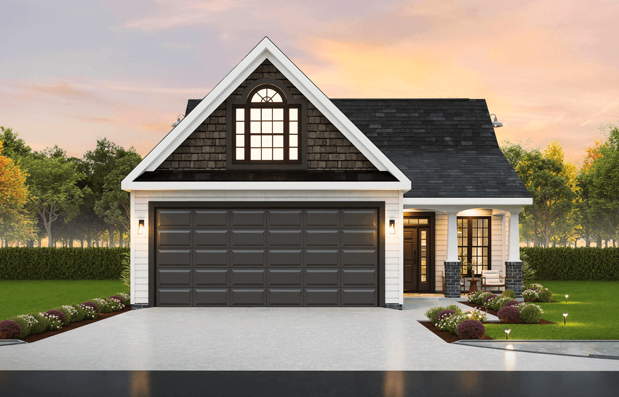 Craftsman-style front elevation with steep gable roofline, covered porch entry, vertical siding, and attached one-car garage – Plan #198-1286