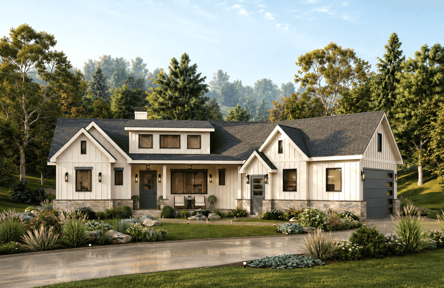 Contemporary Craftsman exterior with board-and-batten siding, steeply pitched gable roof, and front porch entry - Plan #198-1289