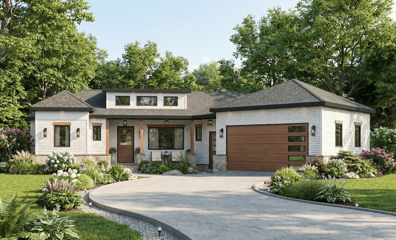 Front elevation of contemporary house with shake siding, hip roofline, and covered front porch with columns - Plan #198-1290