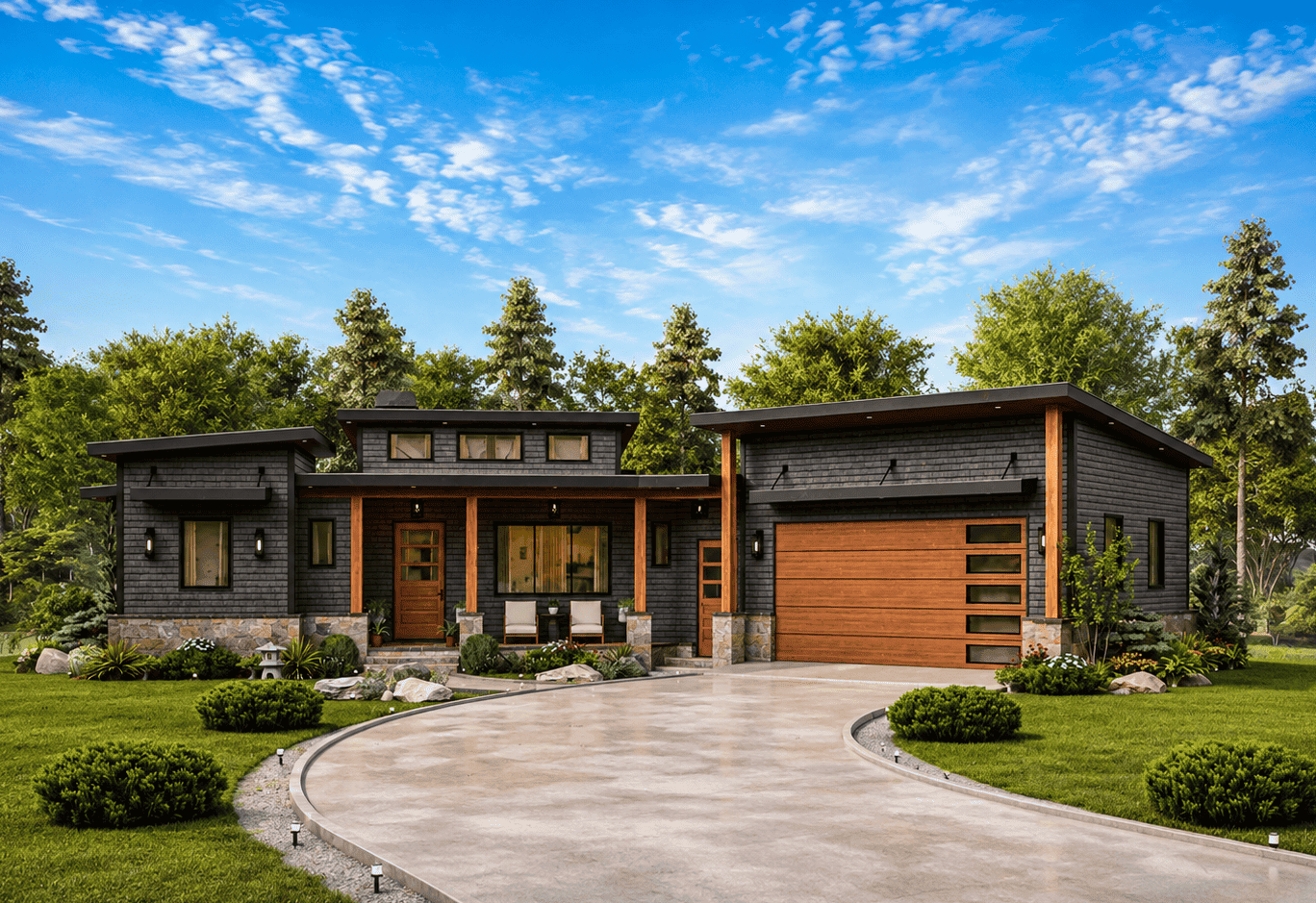 Contemporary facade with flat roof, stone shake siding, large windows, and covered entry porch. Plan #198-1291, 3 beds, 1,801 sq ft.