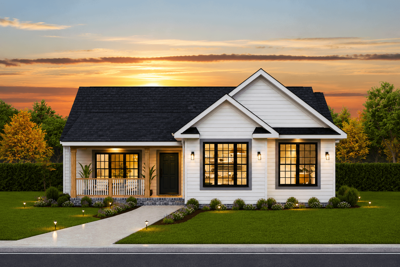 Country ranch home elevation featuring centered front gable, covered entry porch, and vinyl siding exterior. Plan #198-1293.