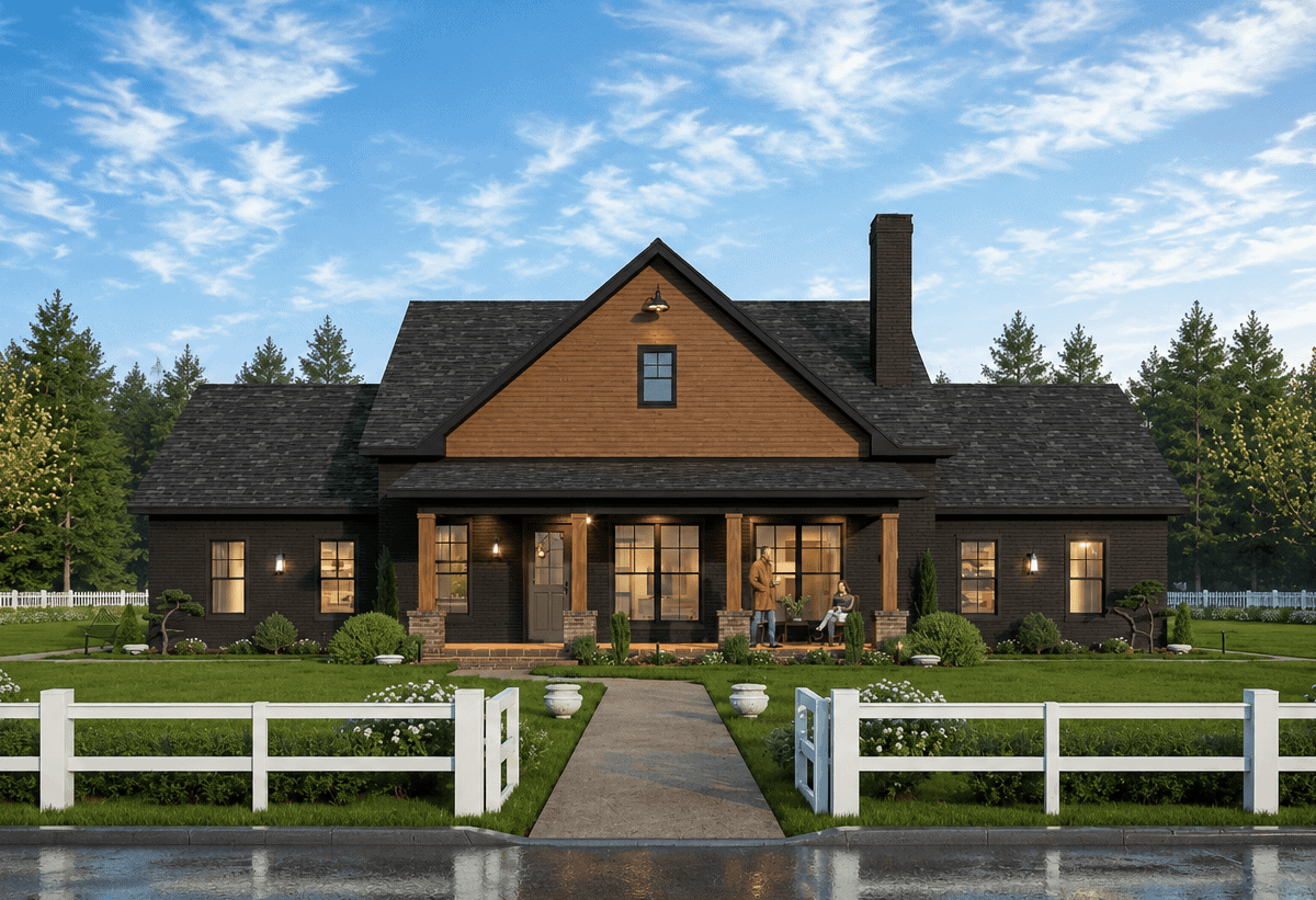 Brick Farmhouse elevation featuring a covered front porch, steep gable roofline, and traditional multi-pane windows - Plan #198-1294