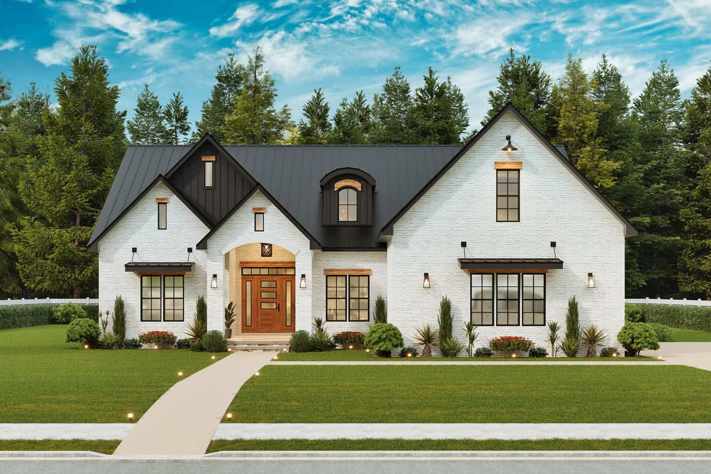 Transitional house plan exterior with board-and-batten siding, brick accents, metal roof, and side-entry garage—Plan #198-1296.