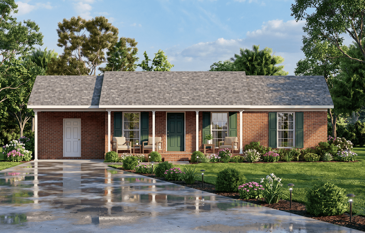 Traditional brick-sided home with centered covered front porch, gable roofline, and single-car carport entry - Plan #198-1297