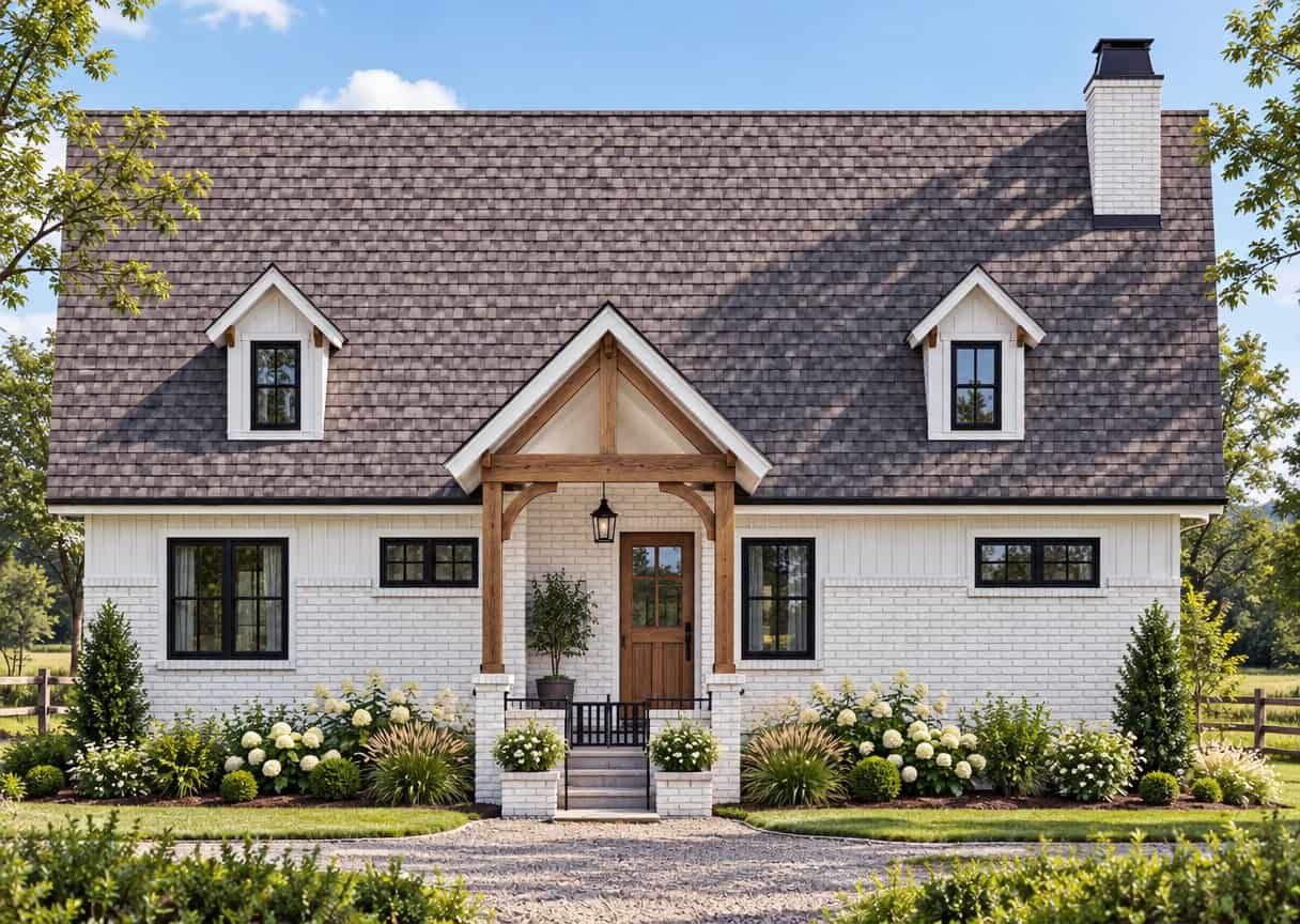 Modern Farmhouse ADU front elevation in painted brick with a timber-framed gable portico at the entry, Plan #205-1234