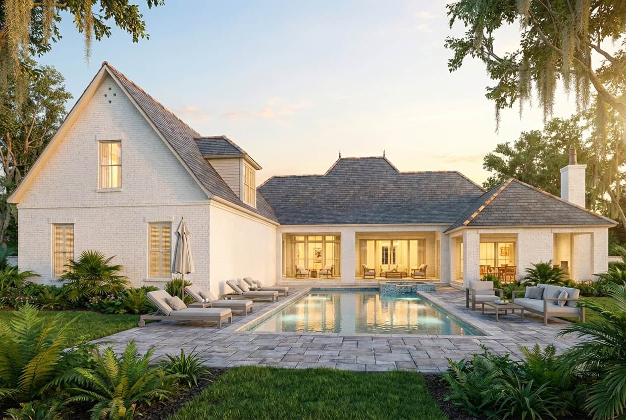 3-Bedroom, Acadian style home rear elevation with brick exterior, steep gable roofline, covered porch, pool, Plan #206-1130.3585 Sq Ft Acadian House Plan - 206-1130 - Front Exterior