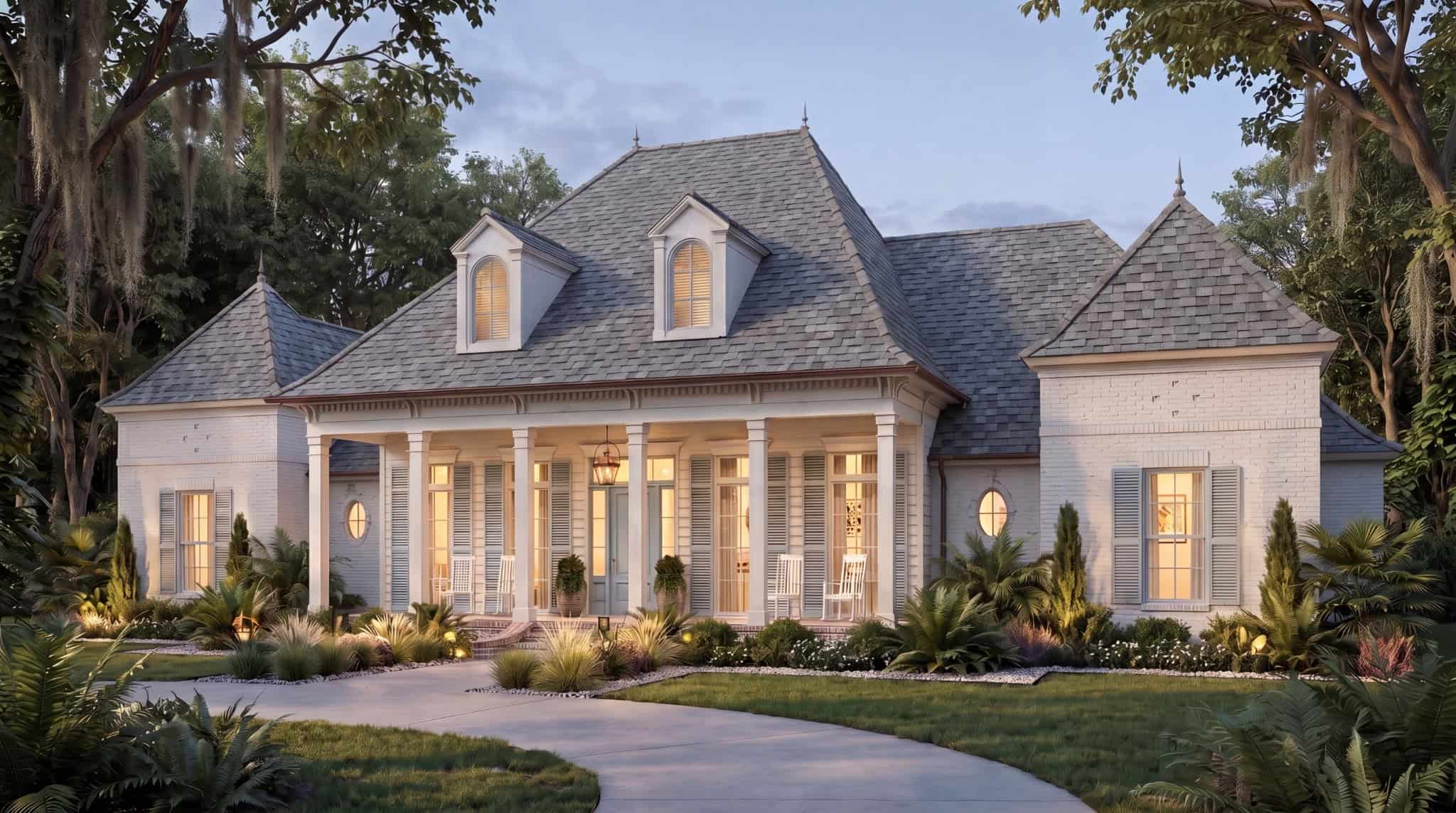 3-Bedroom, Acadian style home rear elevation with brick exterior, steep gable roofline, covered porch, pool, Plan #206-1130.3585 Sq Ft Acadian House Plan - 206-1130 - Front Exterior