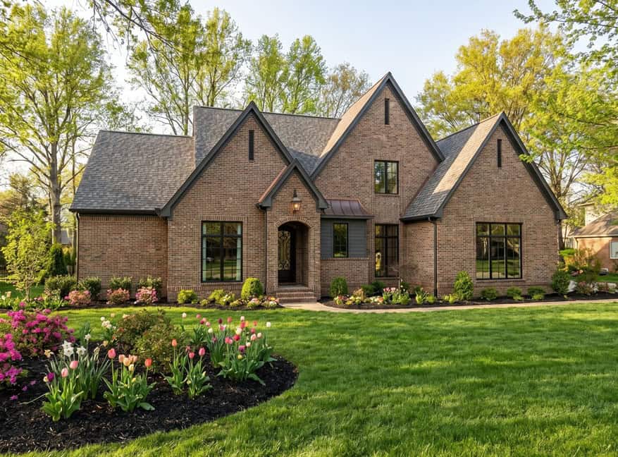 French house plan with brick facade, covered front porch, side-entry garage, and gable roofline. Plan #221-1013.