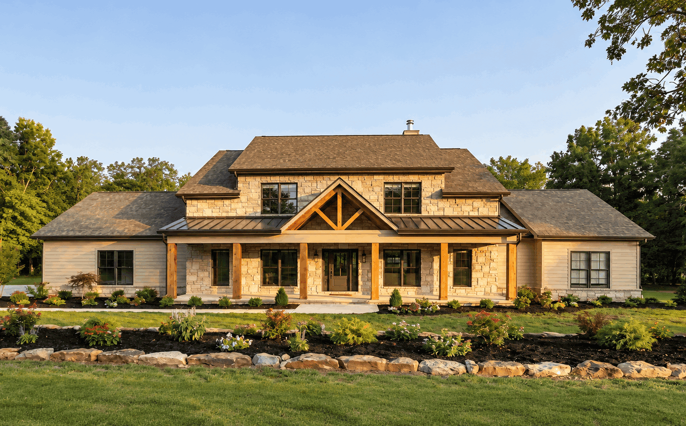 Modern Farmhouse home with covered front porch, gable roofline, side-entry garage, and clean exterior details. Plan #221-1015.