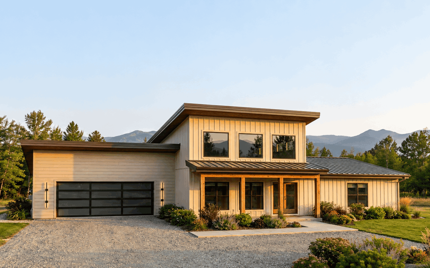 Contemporary home with low-slope metal shed roof, covered porch, open floor plan - Plan #221-1018
