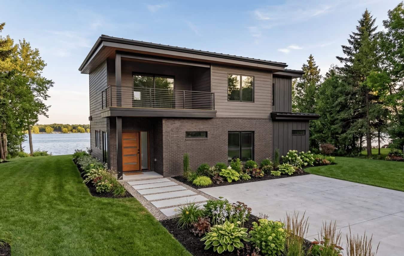 Modern lake house with metal shed roof, covered porch, and large windows. Plan #221-1020.