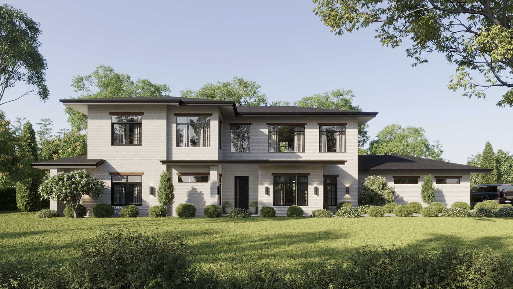 Front exterior of a 3,079 sq ft Prairie-style home with 2-car garage and contemporary architectural features