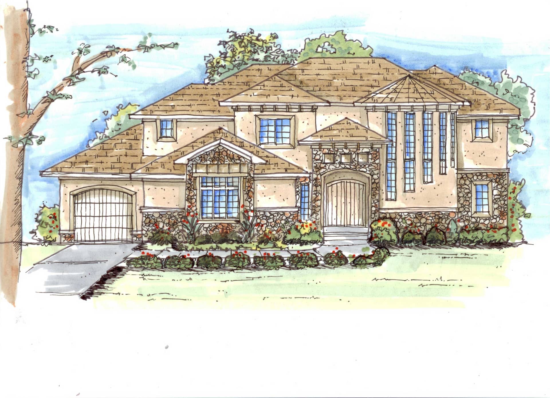 This is an artist's colored rendering of these Mediterranean House Plans.