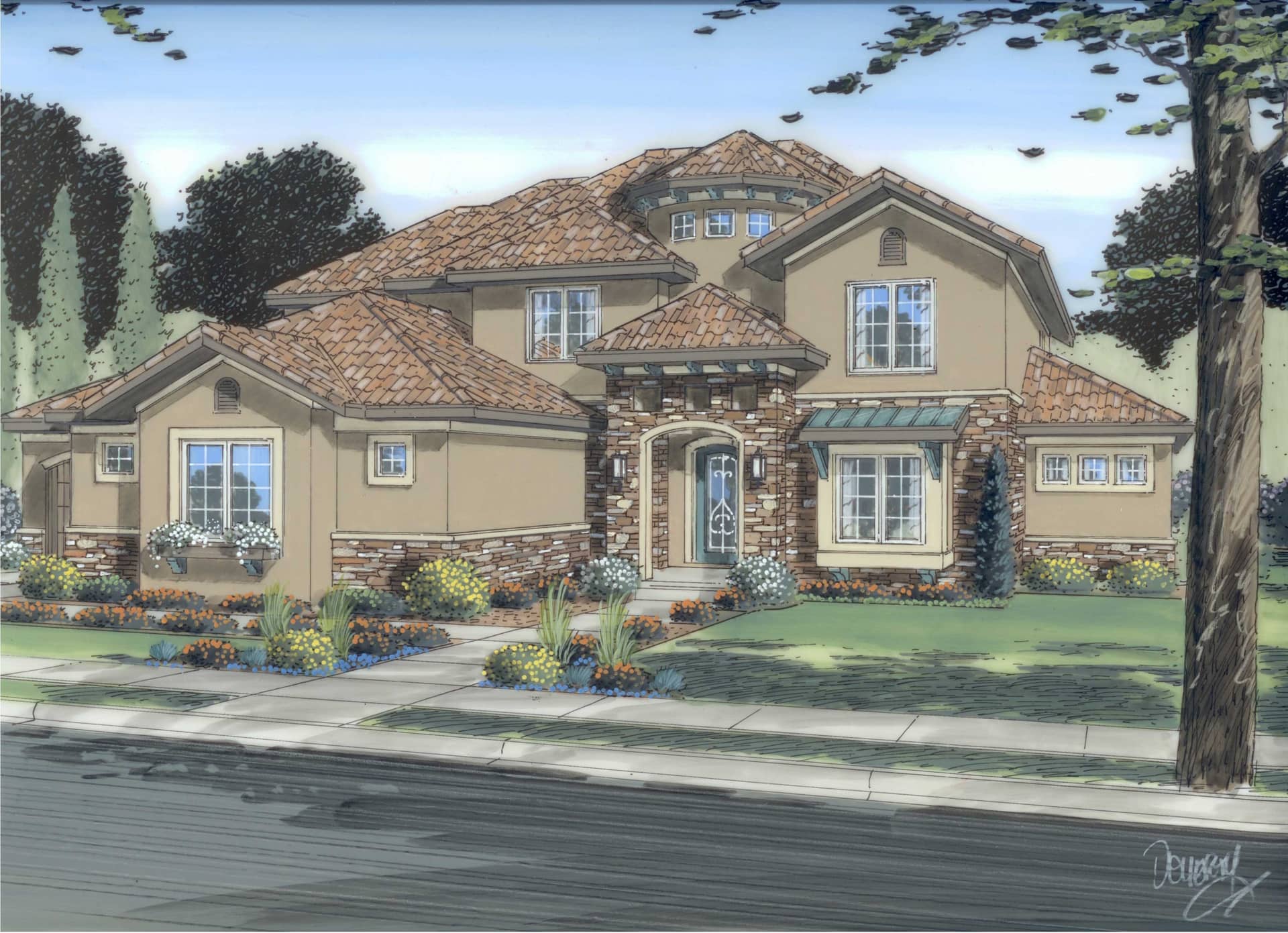 This is a colored rendering of these Tuscan House Plans.