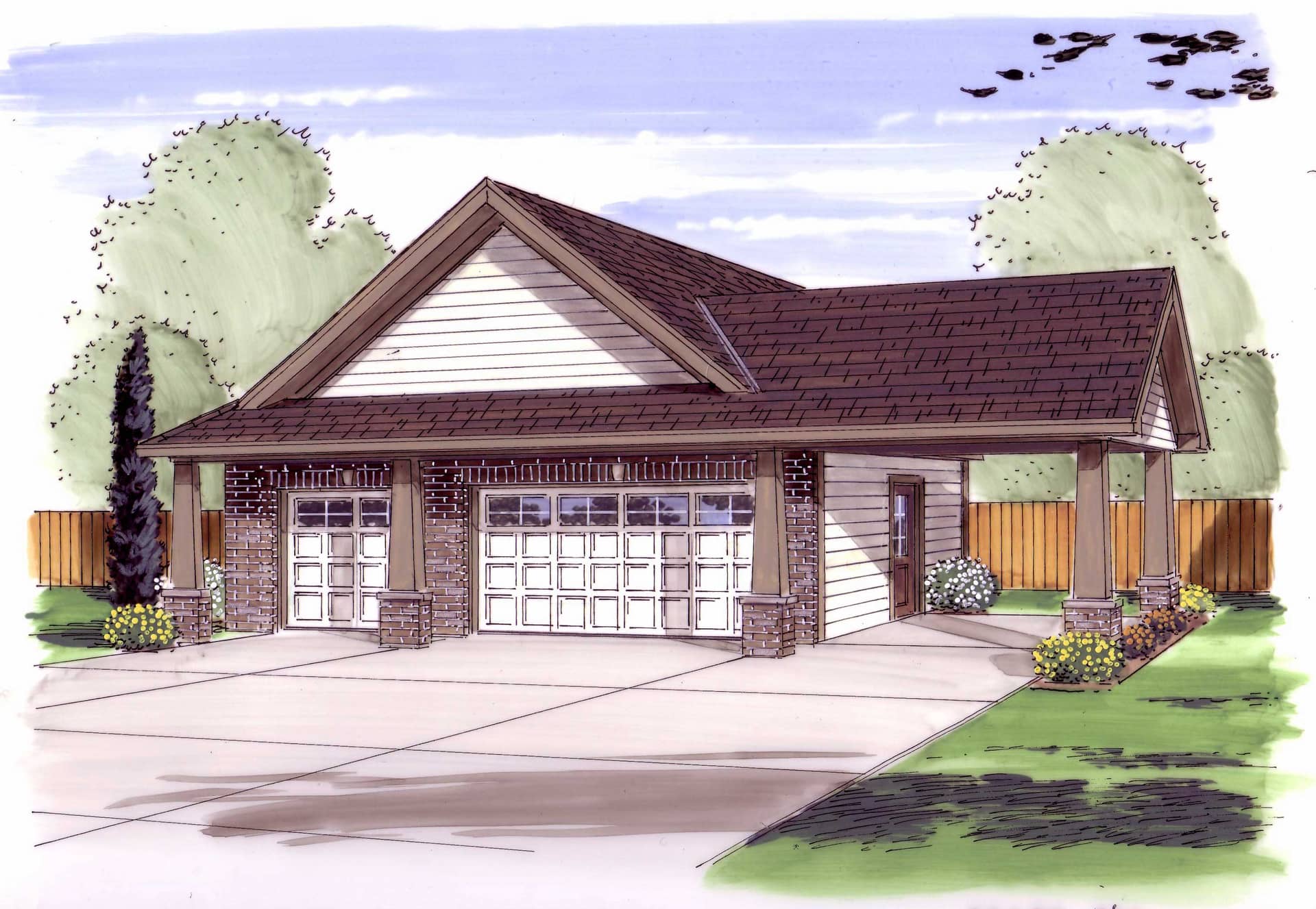 This image shows the front elevation of these Garage Plans.
