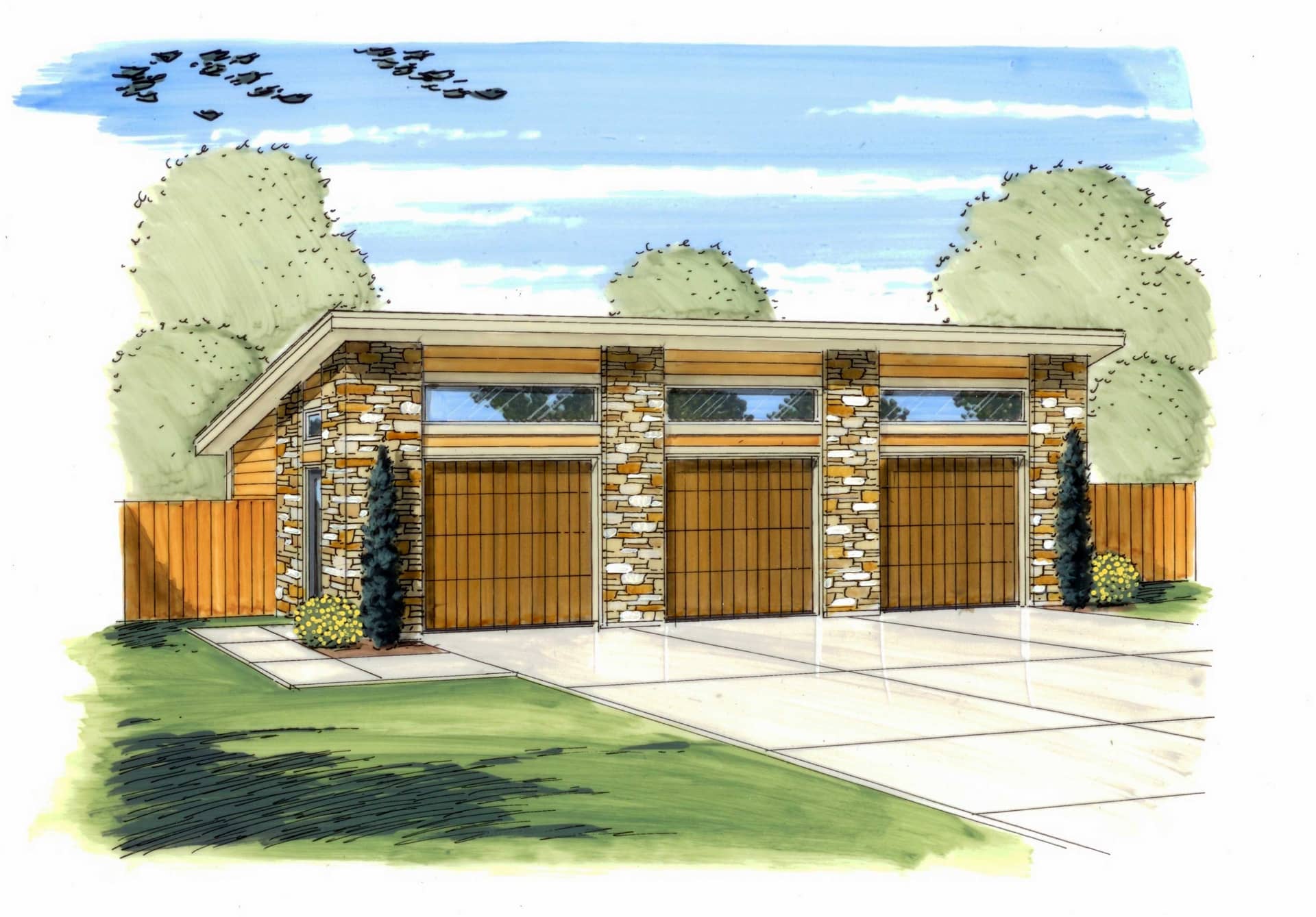 This is the front elevation of these Prairie style Garage Plans.