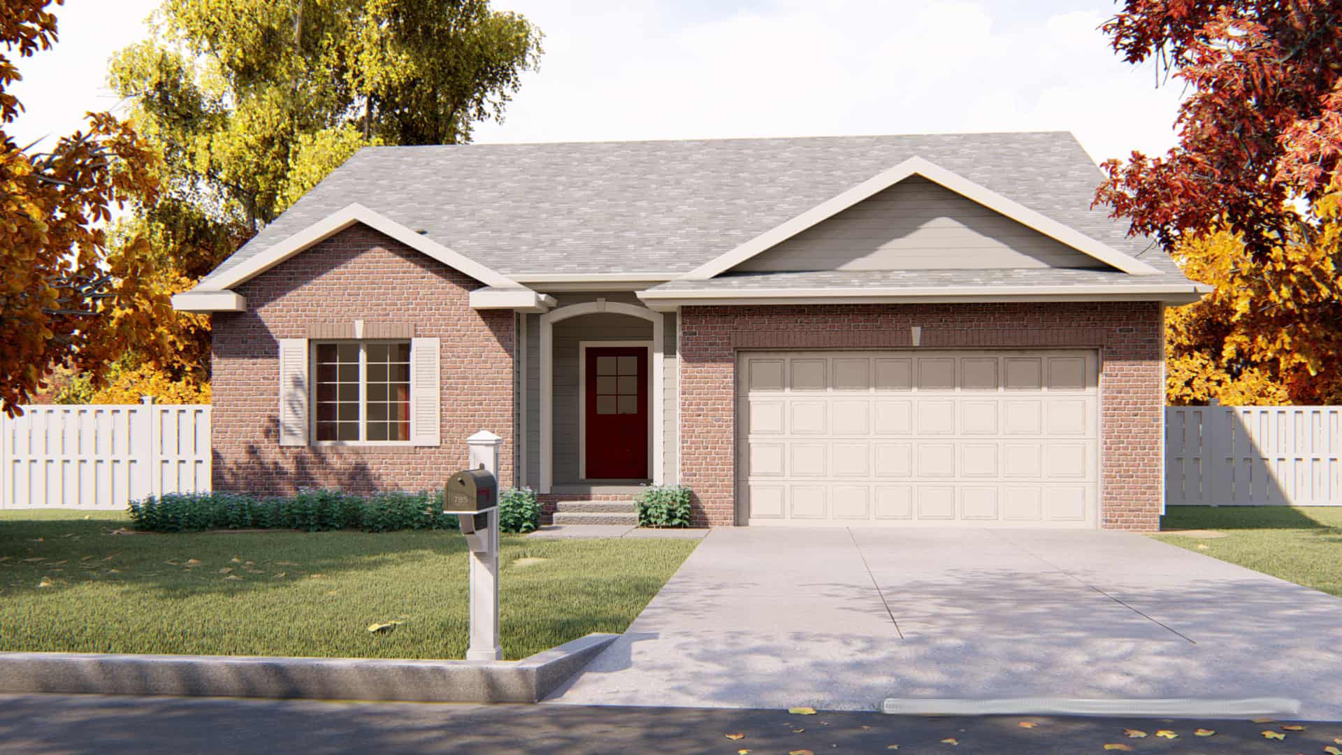 This is the front elevation for these Ranch House Plans.