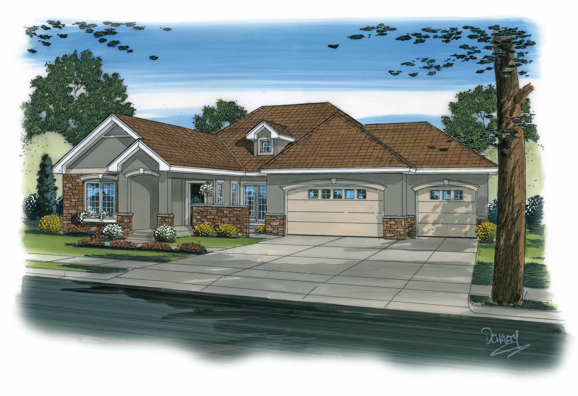 This image is an artist's rendering of these Mediterranean House Plans.