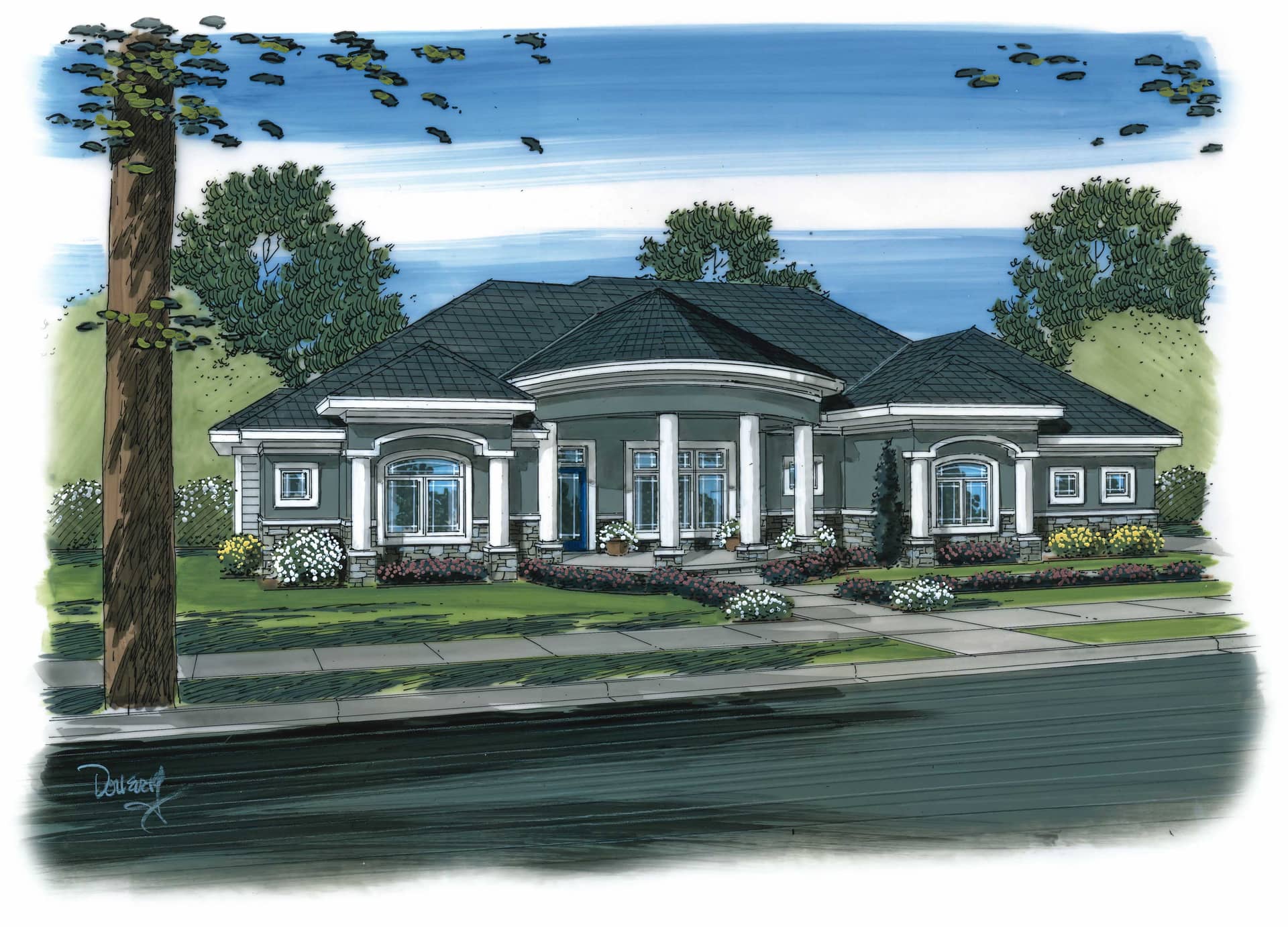This image is an artist's rendering of these Mediterranean House Plans.