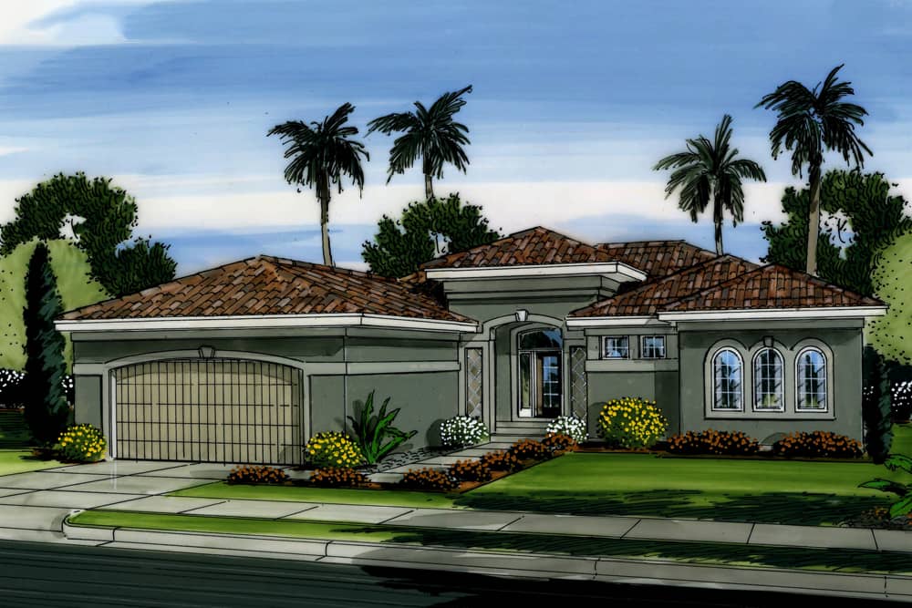 Front elevation of Mediterranean home (ThePlanCollection: House Plan #100-1215)