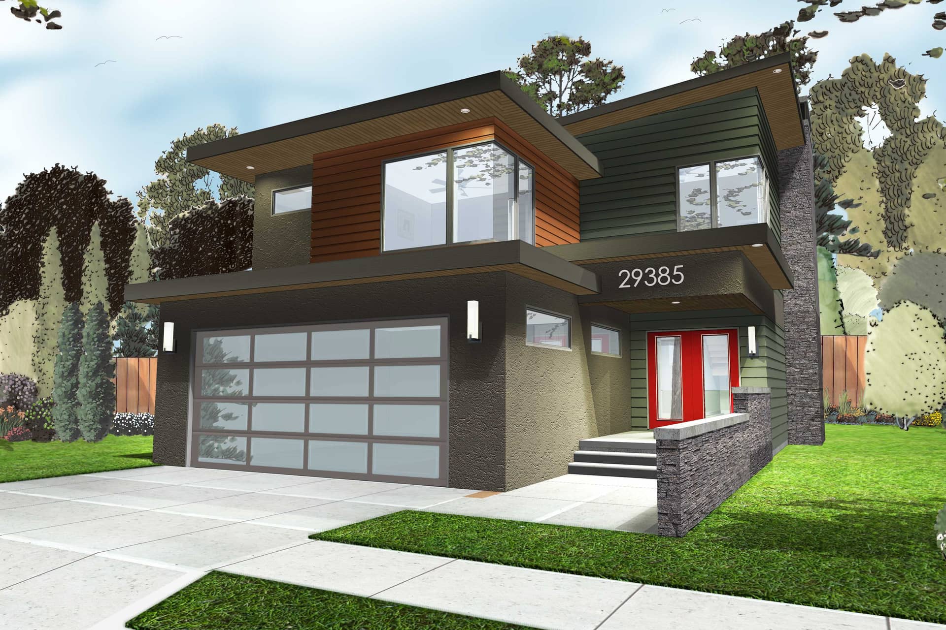 Front elevation of Contemporary home (ThePlanCollection: House Plan #100-1226)