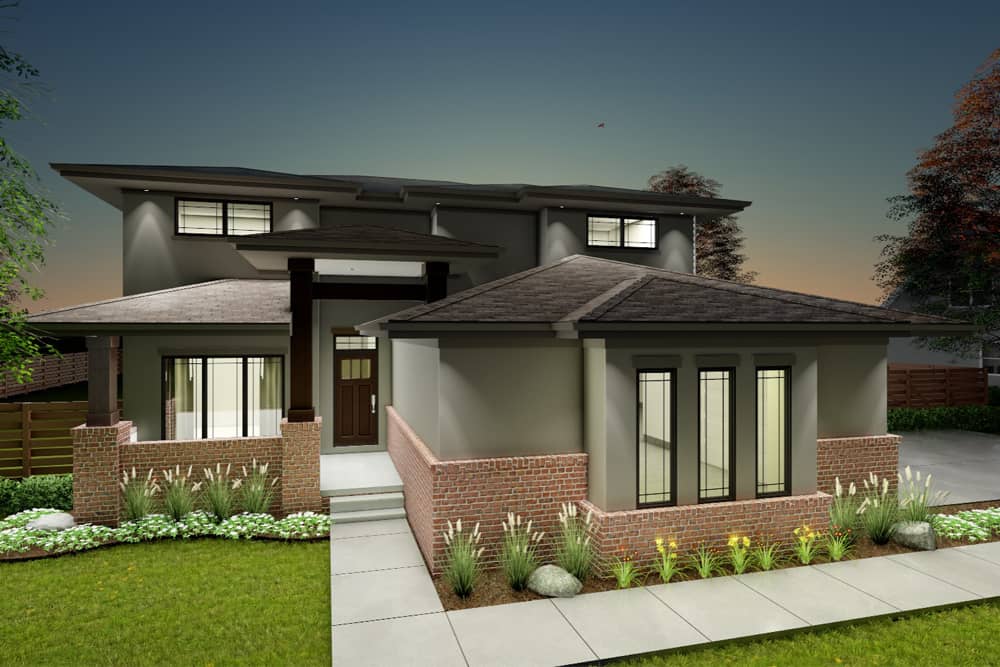 Front elevation of Prairie home (ThePlanCollection: House Plan #100-1281)