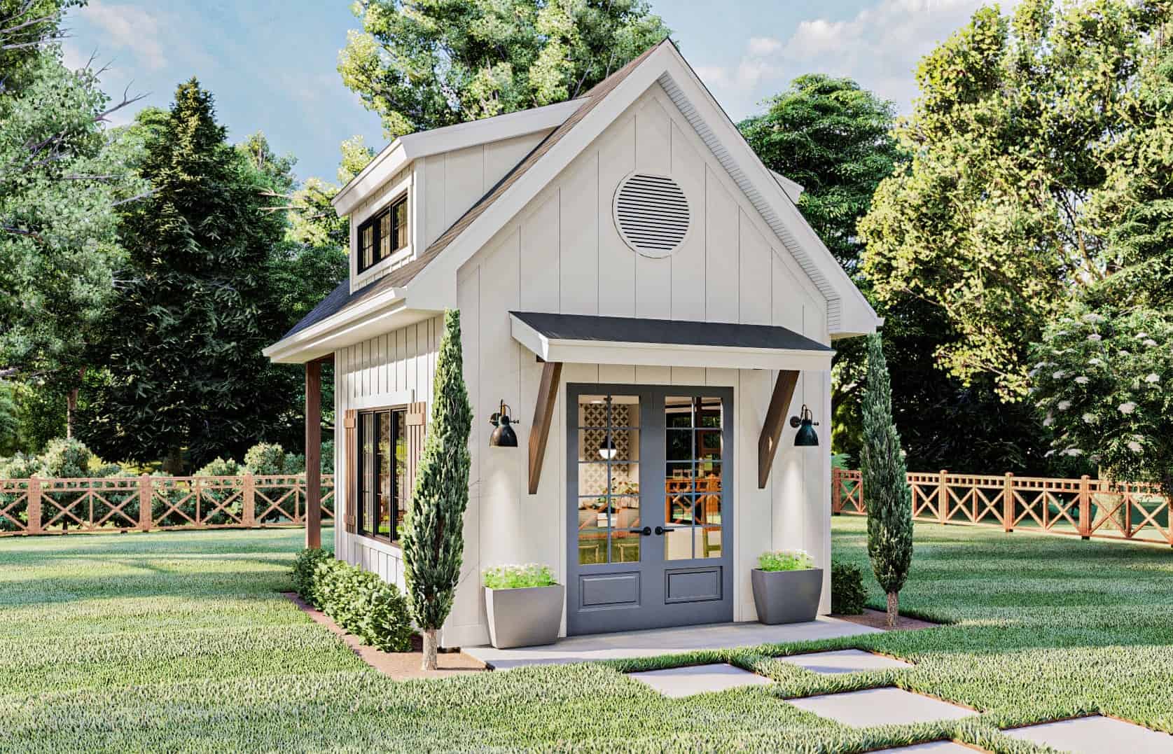 Front elevation of backyard bar cottage shed(ThePlanCollection: House Plan #100-1364)