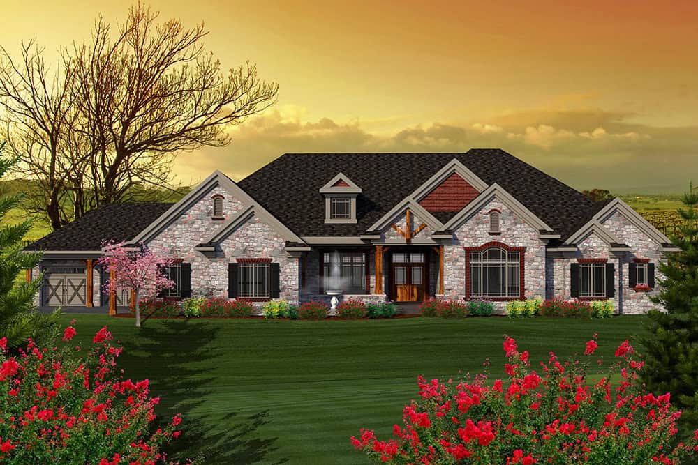 Front elevation of Craftsman home (ThePlanCollection: House Plan #101-2038)