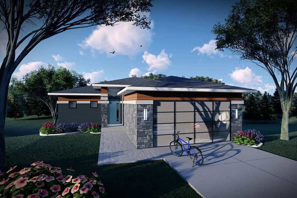 Front elevation of Prairie home (ThePlanCollection: House Plan #101-2049)