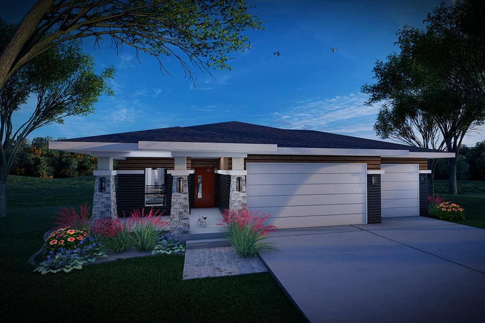 Front elevation of Prairie home (ThePlanCollection: House Plan #101-2063)