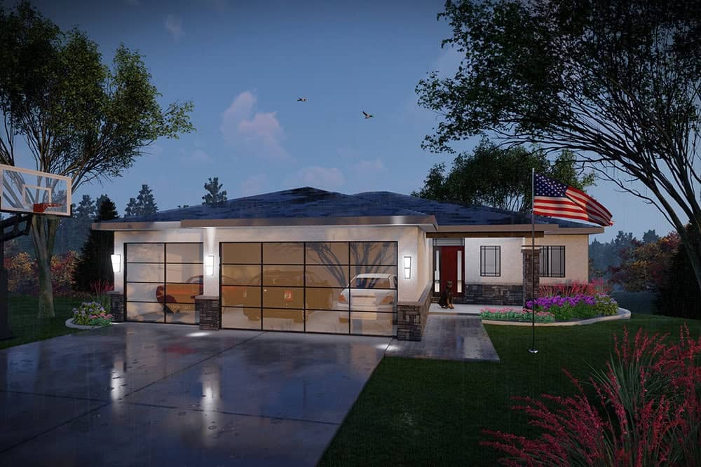 Front elevation of Prairie home (ThePlanCollection: House Plan #101-2088)