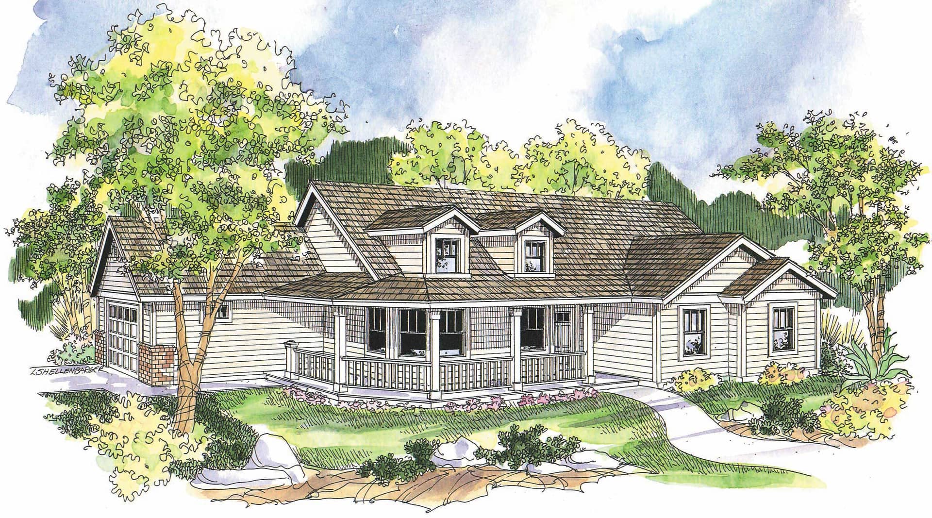 This image shows the Country Style for this set of house plans.