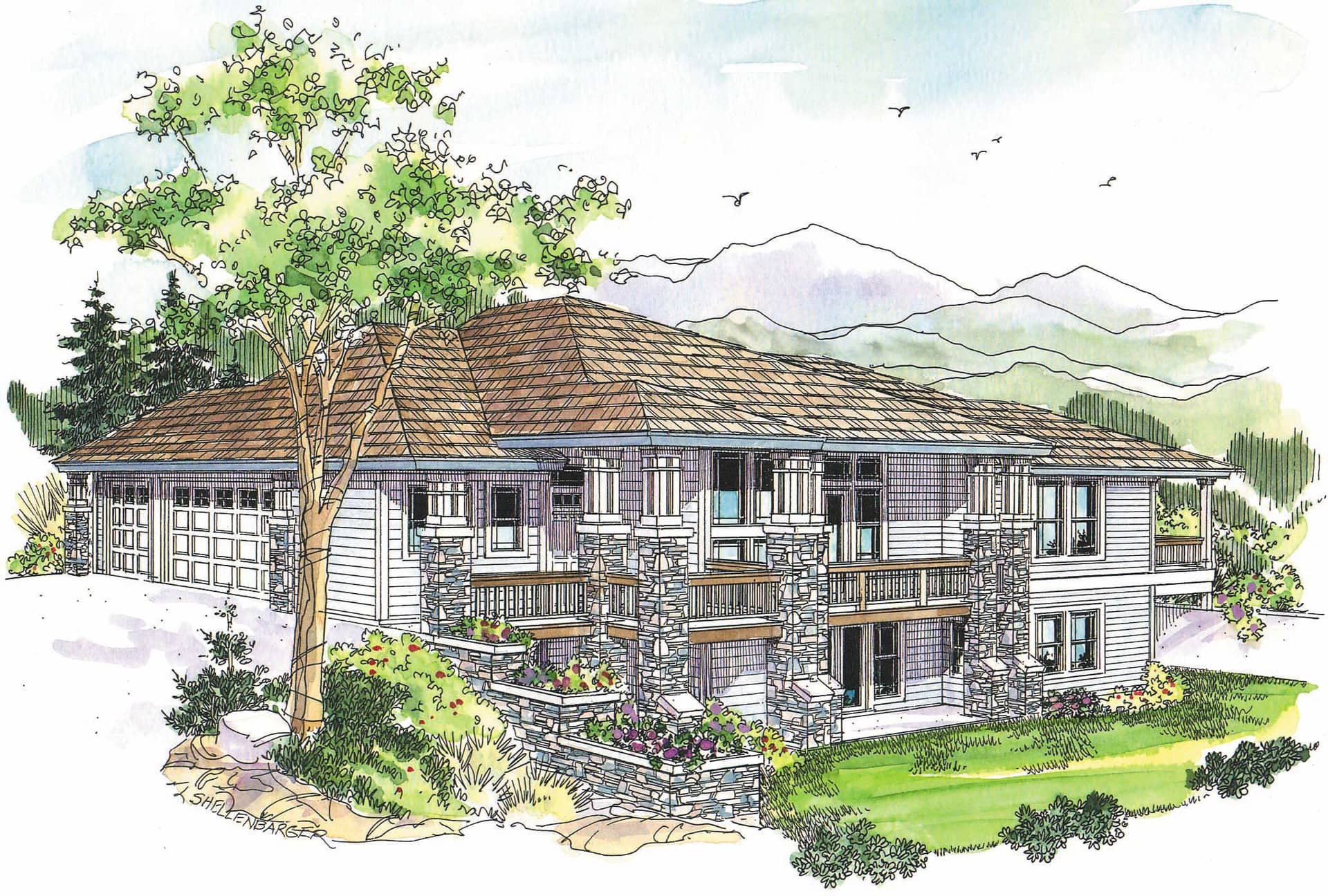 This image shows the Prairie Style for this set of house plans.