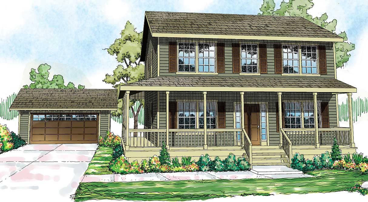 This is the front elevation of these Country House Plans.