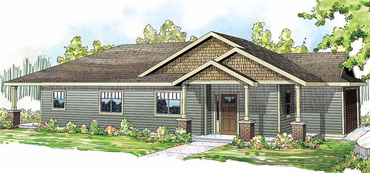 This is the front elevation for these Ranch House Plans.