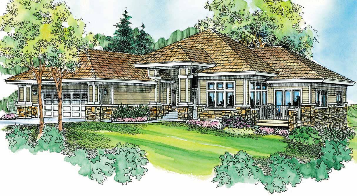 This image shows the Prairie Style for this set of house plans.
