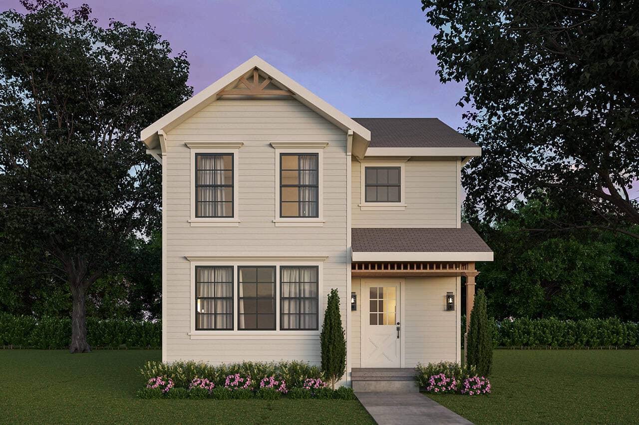 A stunning 3-bed, 1,331 sq ft Country home featuring a welcoming front porch, modern kitchen, and smart layout designed for comfortable living. Plan #108-1428.