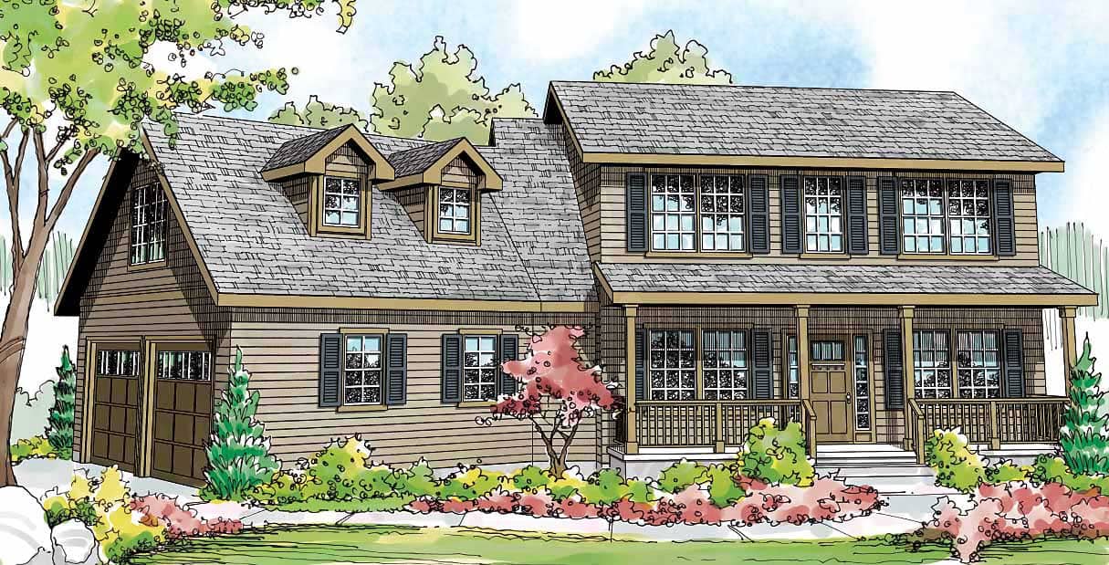 This is the front elevation of these Traditional House Plans.
