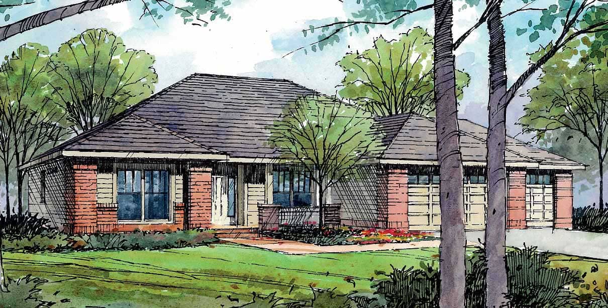 This is the front elevation for these Ranch House Plans.