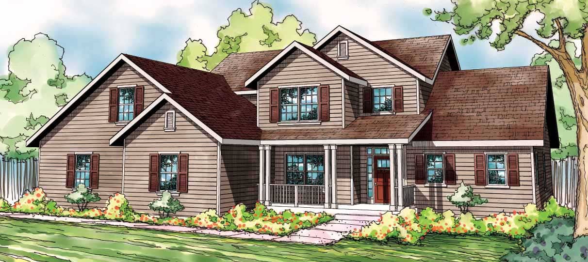 This is the front elevation of these Country House Plans.