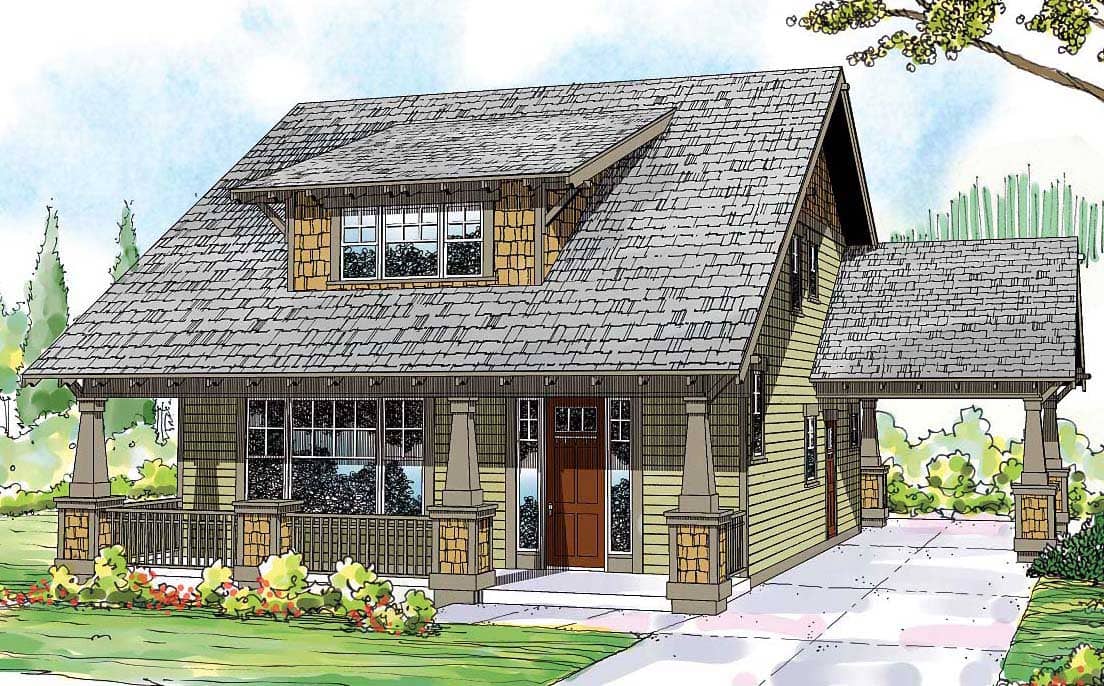 This is the colored front rendering for these Craftsman House Plans.