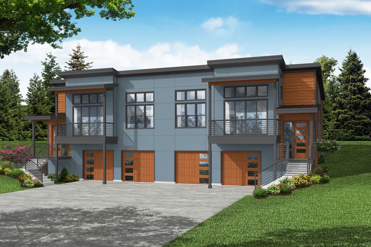 Front elevation of Contemporary duplex home (ThePlanCollection: House Plan #108-2064)