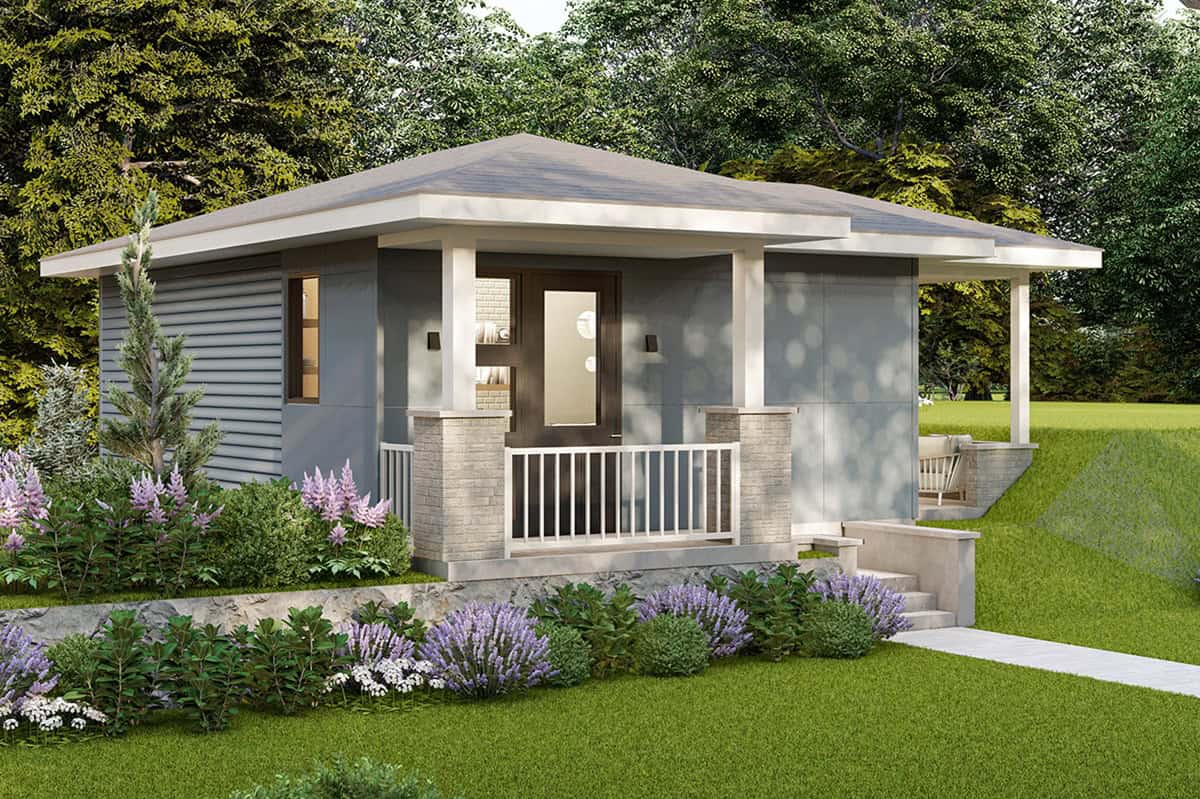 Front elevation of Prairie home (ThePlanCollection: House Plan #108-2111)