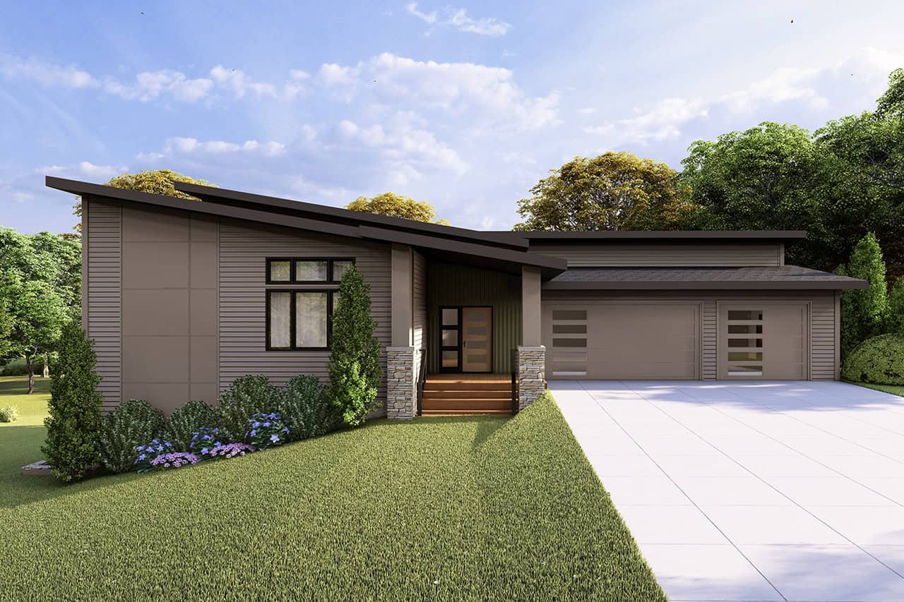 Front elevation of Mid-Century Modern home (ThePlanCollection: House Plan #108-2141)