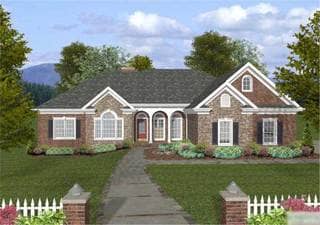 This is a colorful rendering of the front of these Traditional Ranch Homeplans.