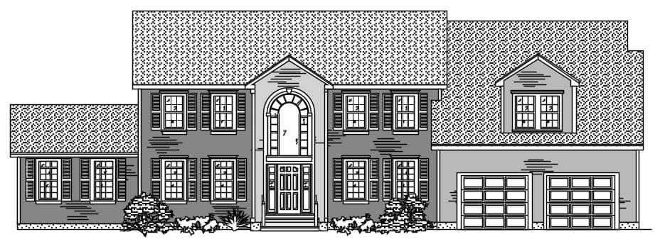 This is the black and white front elevation of these European House Plans.