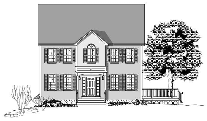This is the front elevation of these Traditional House Plans.